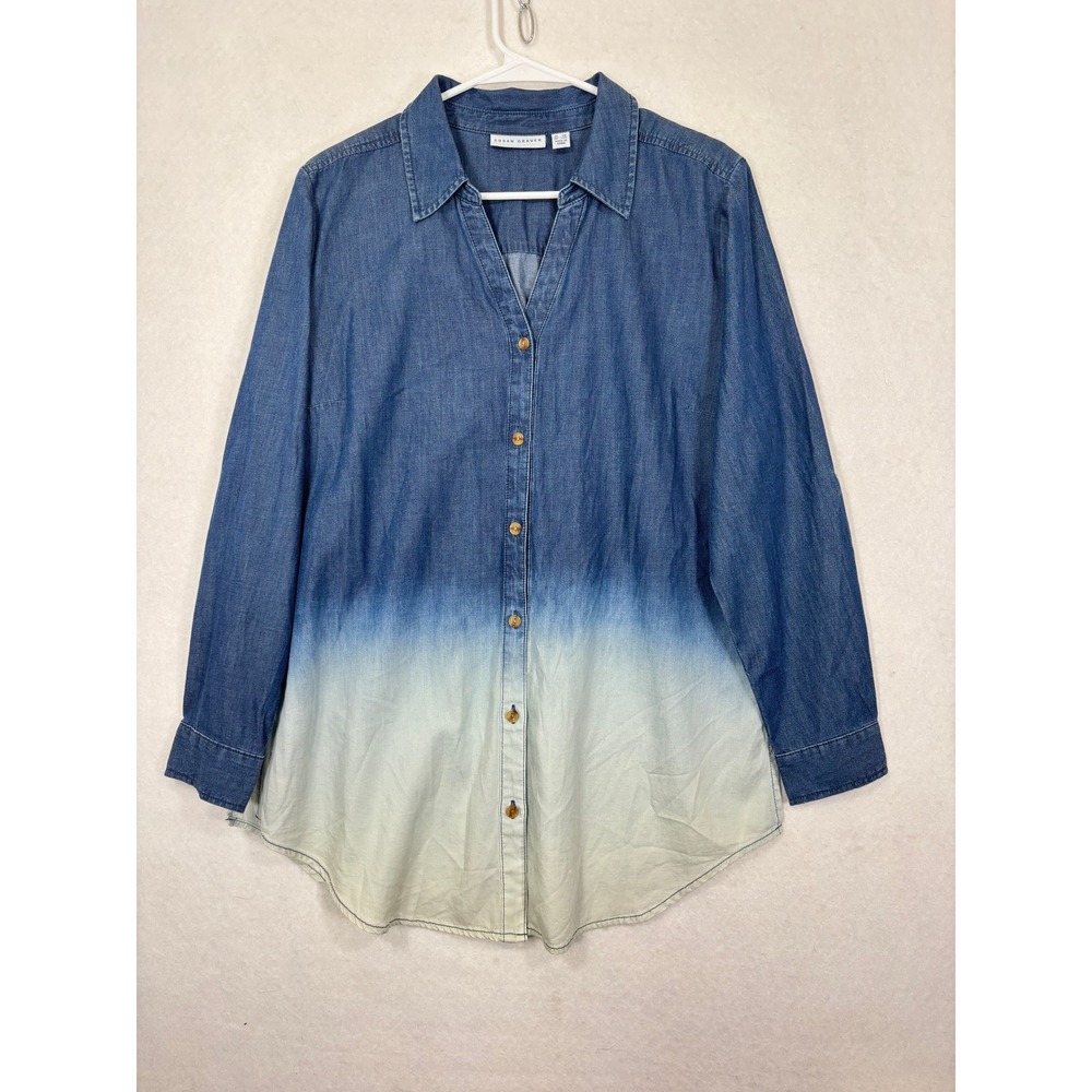 Susan Graver Tunic Top Womens MP Ombre Chambray Button‎ Down